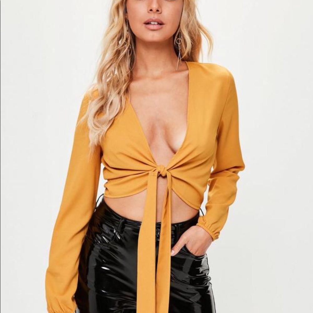 Yellow long sleeve crop top with tie